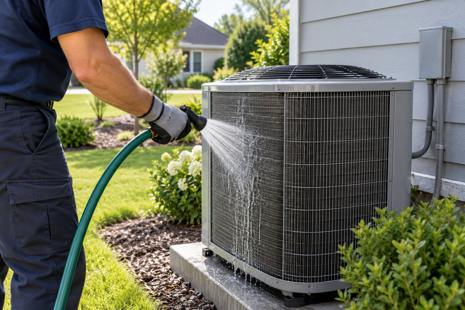 Illustrative image of an outdoor HVAC unit being cleaned